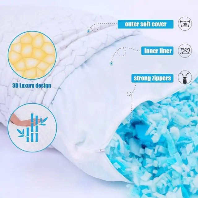 Alt view image 2 of 7 - Cooling Bed Pillows for Sleeping 2 Pack Shredded Memory Foam Pillows Queen Size Set of 2 Adjustable Cool Pillow for Side Back Stomach Sleepers Luxury firm Gel Pillows for Neck Pain Relief