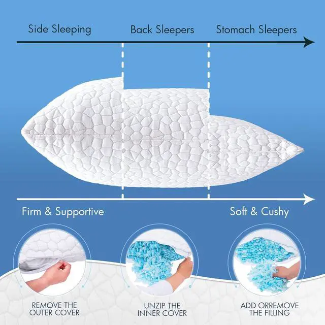 Alt view image 6 of 7 - Cooling Bed Pillows for Sleeping 2 Pack Shredded Memory Foam Pillows Queen Size Set of 2 Adjustable Cool Pillow for Side Back Stomach Sleepers Luxury firm Gel Pillows for Neck Pain Relief