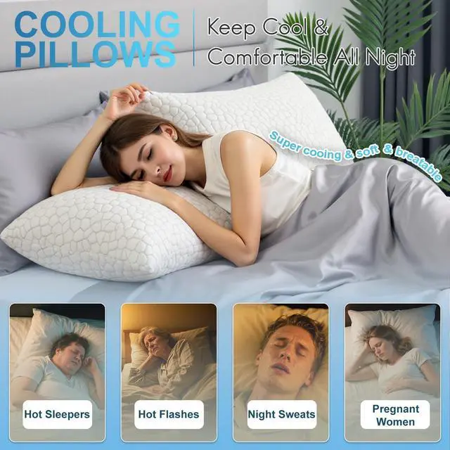 Alt view image 4 of 7 - Cooling Pillows for Sleeping 2 Pack Shredded Memory Foam Bed Pillows Queen Size Set of 2 Cool Gel Pillow for Hot Sleepers Adjustable Firm Pillow for Side Back and Stomach Sleepers Supportive