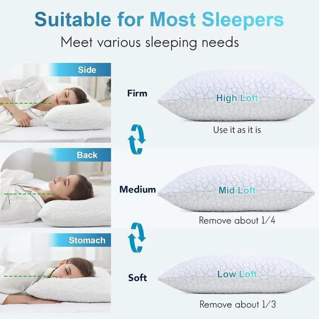 Alt view image 5 of 7 - Cooling Pillows for Sleeping 2 Pack Shredded Memory Foam Bed Pillows Queen Size Set of 2 Cool Gel Pillow for Hot Sleepers Adjustable Firm Pillow for Side Back and Stomach Sleepers Supportive