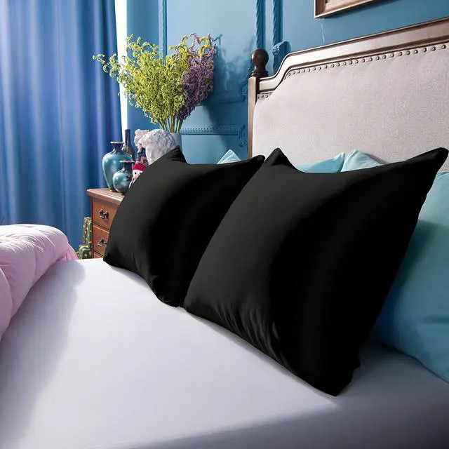 Alt view image 7 of 7 - Zippered Satin Pillow Cases for Hair and Skin Luxury King Hidden Zipper Pillowcases Set of 2 20x36 Inches Black