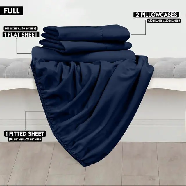 Alt view image 2 of 6 - Full Sheet Set - Brushed Microfiber - Soft Bed Sheets for Full Size Bed - Includes 1 Fitted 1 Flat & 2 Pillow Cases - Deep Pocket (Navy)