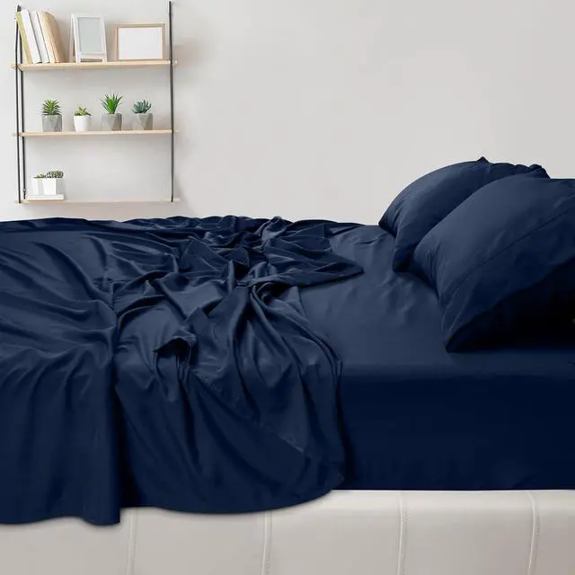 Alt view image 4 of 6 - Full Sheet Set - Brushed Microfiber - Soft Bed Sheets for Full Size Bed - Includes 1 Fitted 1 Flat & 2 Pillow Cases - Deep Pocket (Navy)