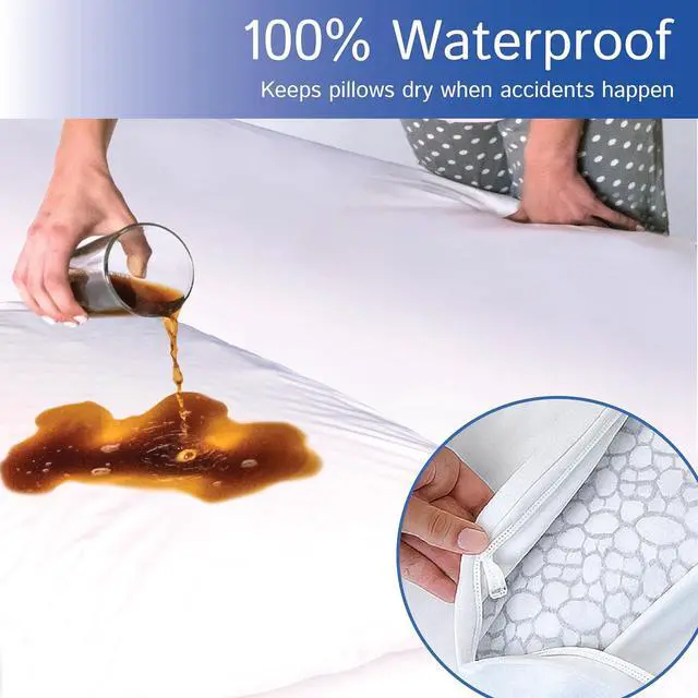 Alt view image 5 of 7 - Queen Size Waterproof Pillow Protectors (Set of 2)  Zippered Hypoallergenic Pillowcase Cover Allergen Dust Proof Encasement