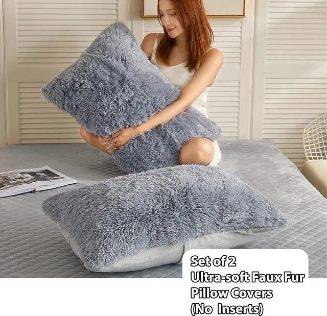 Alt view image 2 of 7 - 2 Pack Faux Fur Pillow Shams Shaggy Plush Home Decorative Luxury Series Super Soft Furry Pillow Case with Zipper Closure for Home Sofa Couch Decoration Standard (Gray 20x26)