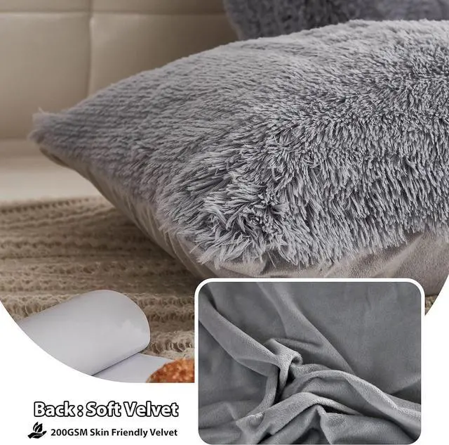 Alt view image 4 of 7 - 2 Pack Faux Fur Pillow Shams Shaggy Plush Home Decorative Luxury Series Super Soft Furry Pillow Case with Zipper Closure for Home Sofa Couch Decoration Standard (Gray 20x26)