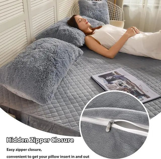 Alt view image 5 of 7 - 2 Pack Faux Fur Pillow Shams Shaggy Plush Home Decorative Luxury Series Super Soft Furry Pillow Case with Zipper Closure for Home Sofa Couch Decoration Standard (Gray 20x26)