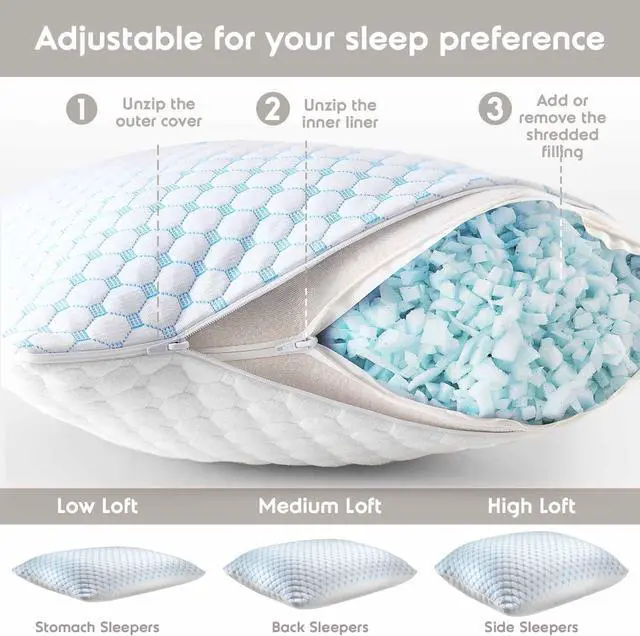 Alt view image 3 of 7 - Cooling Pillow for Sleeping 2 Pack Luxury Shredded Memory Foam Pillows Queen Size Set of 2 Adjustable Cold Gel Pillows for Hot Sleepers Supportive Cool Pillow for Side Back Stomach Sleepers