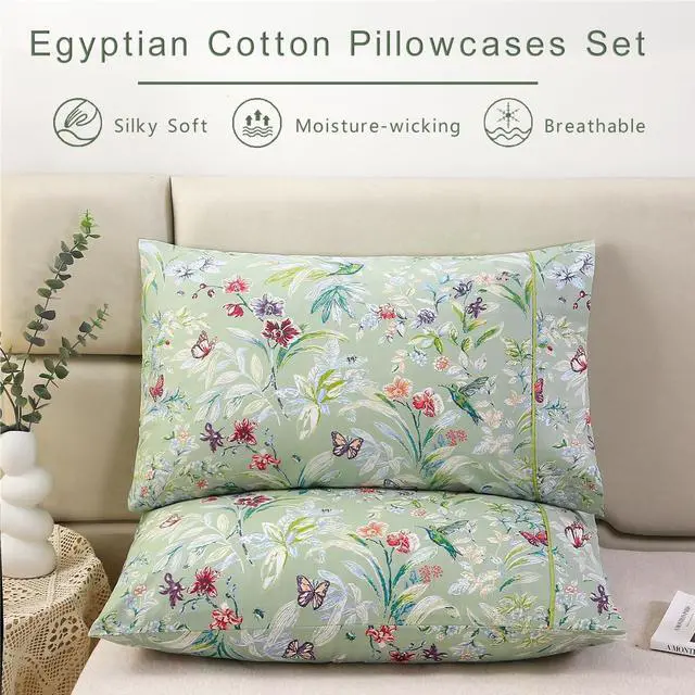 Alt view image 2 of 7 - 100% Cotton Pillowcases Set of 2 Queen Size Floral Printed Butterfly Pillow Cases Soft Breathable Cooling Pillowcase Decorative Pillow Cover (Queen 20x30 Inches Green Flowers)