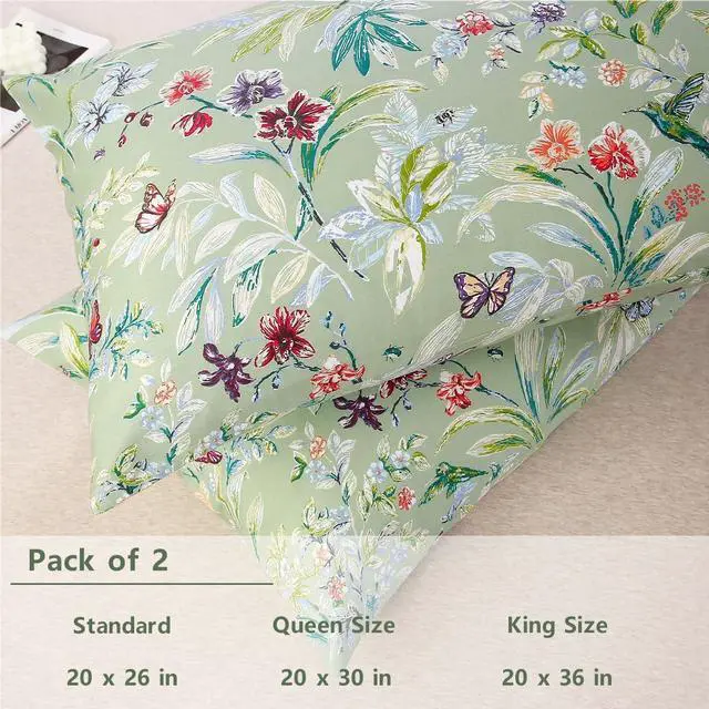 Alt view image 3 of 7 - 100% Cotton Pillowcases Set of 2 Queen Size Floral Printed Butterfly Pillow Cases Soft Breathable Cooling Pillowcase Decorative Pillow Cover (Queen 20x30 Inches Green Flowers)