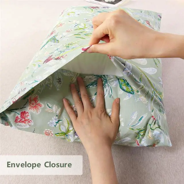 Alt view image 4 of 7 - 100% Cotton Pillowcases Set of 2 Queen Size Floral Printed Butterfly Pillow Cases Soft Breathable Cooling Pillowcase Decorative Pillow Cover (Queen 20x30 Inches Green Flowers)