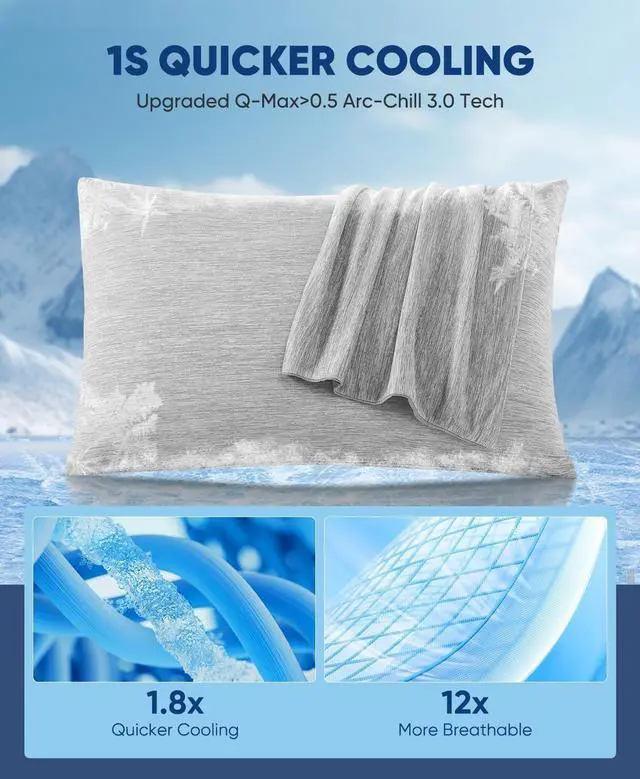 Alt view image 2 of 7 - Cooling Pillow Cases 2 Pack Arc-Chill Q-Max>0.5 Cool Pillowcases with Double-Side Design Anti-Static Skin-Friendly Machine Washable Hidden Zipper Pillow Cases (20x26)-Gray