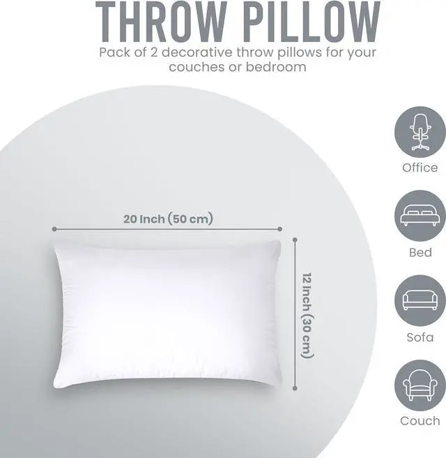 Alt view image 7 of 7 - Throw Pillows (Pack of 2 White) 12 x 20 Inches Indoor Decorative Pillow Insert for Sofa Bed and Couch