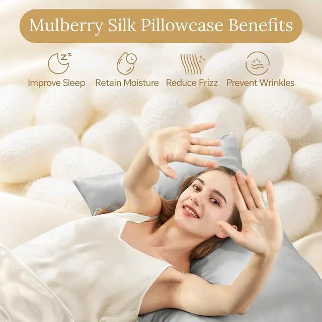 Alt view image 2 of 7 - Mulberry Silk Pillowcase for Hair and Skin Silk Pillow Cases Queen Size Set of 2 with Hidden Zipper 20x30 Inches Ultra Soft Cooling Pillow Cases for Hot Sleepers(Light Grey 2 Pack)