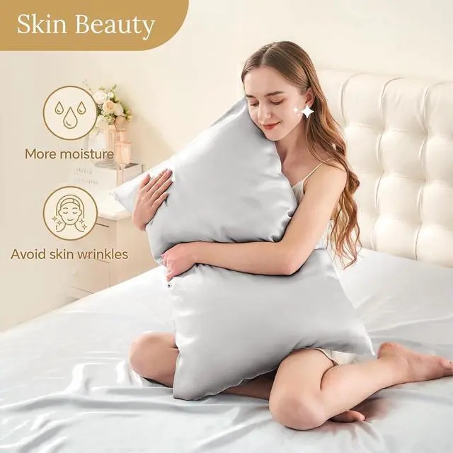 Alt view image 3 of 7 - Mulberry Silk Pillowcase for Hair and Skin Silk Pillow Cases Queen Size Set of 2 with Hidden Zipper 20x30 Inches Ultra Soft Cooling Pillow Cases for Hot Sleepers(Light Grey 2 Pack)