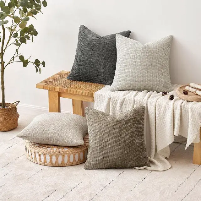 Alt view image 4 of 7 - Pack of 4 Couch Throw Pillow Covers 18x18 Inch Neutral Soft Decorative Chenille Pillow Covers Farmhouse Boho Cushion Covers for Mid Century Modern Home Decor Sofa Bedroom Living Room
