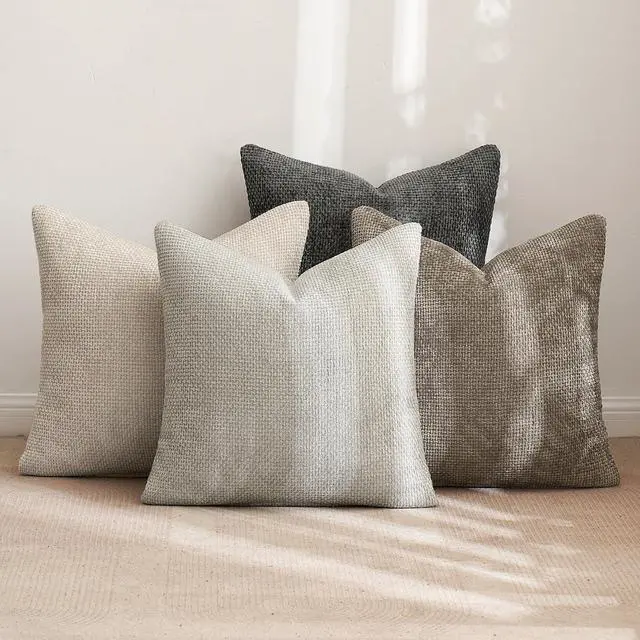 Alt view image 3 of 7 - Pack of 4 Couch Throw Pillow Covers 18x18 Inch Neutral Soft Decorative Chenille Pillow Covers Farmhouse Boho Cushion Covers for Mid Century Modern Home Decor Sofa Bedroom Living Room