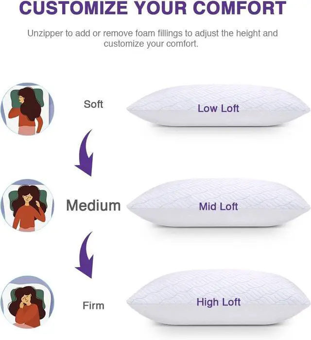 Alt view image 4 of 7 - Cooling Pillows Queen Size Set of 2 Memory Foam Pillows with Zipper Adjustable Firmness for Sleeping Cool Cold Pillow to Hot Side Back and Stomach Sleepers 2 Pack 20x30