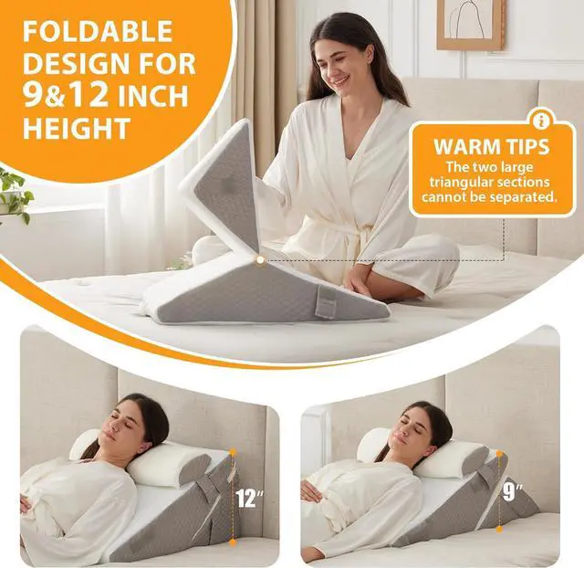 Alt view image 4 of 7 - 3PCS Wedge Pillow Set for After Surgery Wedge Pillow Headboard Adjustable 9&12 Inch Sleeping Wedge Acid Reflux Orthopedic Pillow Wedge for Back Pain Relief Gerd White/Grey
