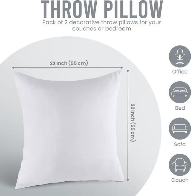 Alt view image 6 of 7 - Throw Pillows Insert (Pack of 2 White) - 22 x 22 Inches Bed and Couch Pillows - Indoor Decorative Pillow