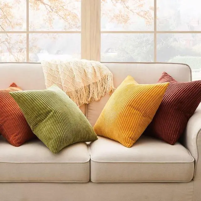 Alt view image 2 of 7 - Fall 20x20 Set of 4 Couch Decorative Pillow Covers Modern Burnt Orange Yellow Green Gradient Corduroy Throws Pillow Case Rustic Western Cushion Covers for Bed Sofa Living Room Home Decor
