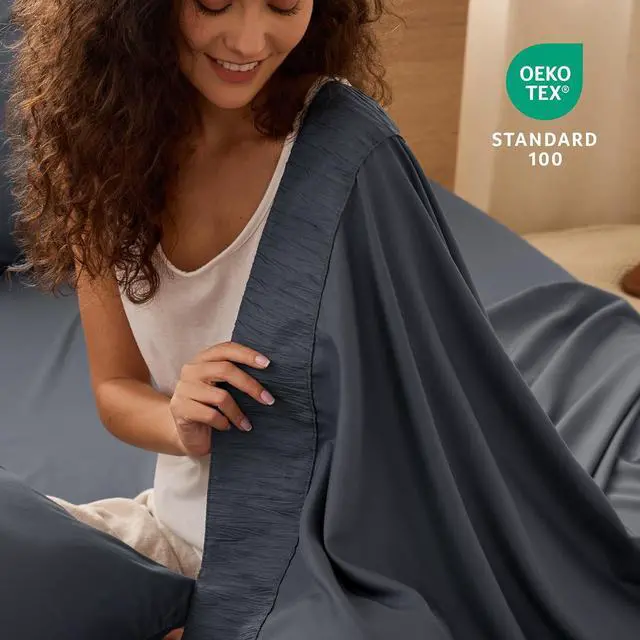 Alt view image 3 of 7 - Queen Sheet Set - 4 Pieces Soft Queen Size Sheets - Breathable & Cooling - Hotel Luxury - Easy Care Polyester Microfiber Bedding for Women Men Dark Grey