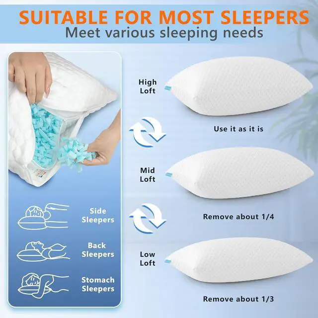 Alt view image 6 of 6 - Cooling Pillows Queen Size Set of 2 Memory Foam Pillows with Zipper Firm Bed Pillows Adjustable for Hot Side Back Stomach Sleepers