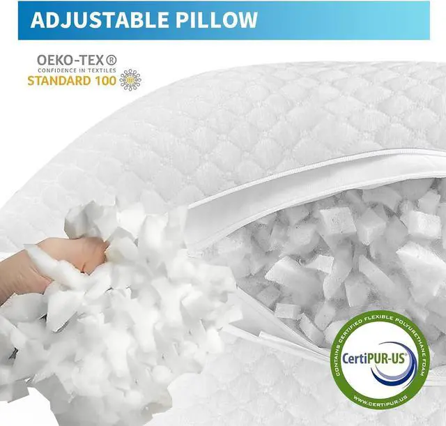 Alt view image 3 of 7 - Shredded Memory Foam Pillows Cooling Bed Pillows Queen Size Set of 2 for Sleeping Adjustable Firm Pillows for Side Back and Stomach Sleepers Washable Removable Cover