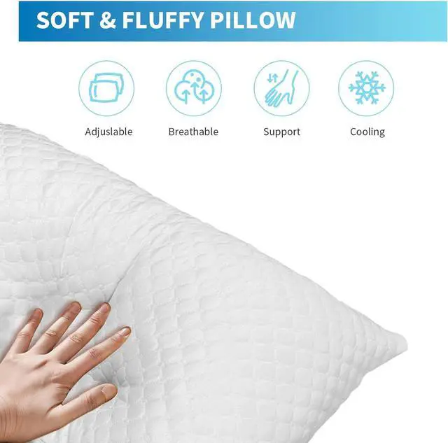 Alt view image 4 of 7 - Shredded Memory Foam Pillows Cooling Bed Pillows Queen Size Set of 2 for Sleeping Adjustable Firm Pillows for Side Back and Stomach Sleepers Washable Removable Cover