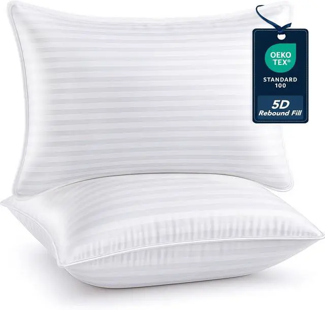 Main image of Luxury Striped Pillows for Sleeping - Oeko-TEX Certified for Back Stomach or Side Sleepers Breathable Cotton Cover Cooling Machine Washable  2 Pack Queen Size (20x30) White