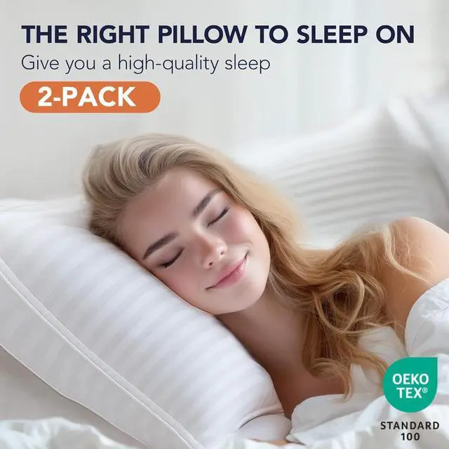 Alt view image 2 of 7 - Luxury Striped Pillows for Sleeping - Oeko-TEX Certified for Back Stomach or Side Sleepers Breathable Cotton Cover Cooling Machine Washable  2 Pack Queen Size (20x30) White