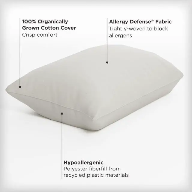 Alt view image 2 of 6 - AllerEase 100% Organically Grown Soft Cotton Top Allergy Defense Fabric Bed Pillow Naturally Breathable Hypoallergenic Fiberfill Machine Washable Std/Q Size Pillow White- 2 Pack
