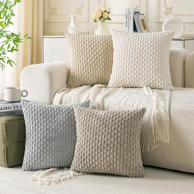 Main image of Set of 4 Neutral Decorative Throw Pillow Covers 18x18 Inch Corduroy Pillow Covers for Bed Couch Sofa Living Room Soft Square Cushion Cases