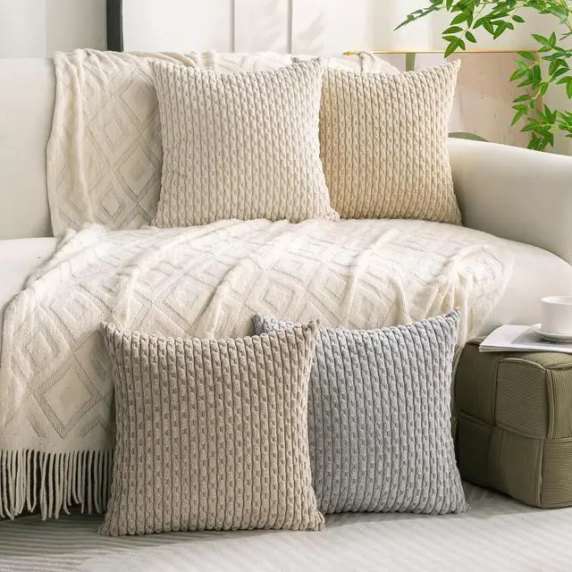 Alt view image 2 of 7 - Set of 4 Neutral Decorative Throw Pillow Covers 18x18 Inch Corduroy Pillow Covers for Bed Couch Sofa Living Room Soft Square Cushion Cases