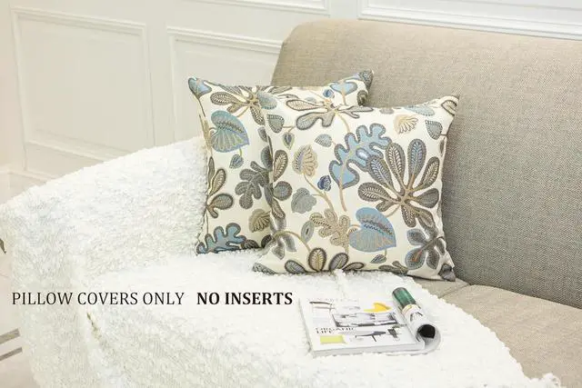 Alt view image 2 of 6 - Set of 2 Jacquard Tropical Leaf Pattern Throw Pillow Covers Decorative Pillowcase 20X20 Inches Blue Cream