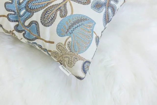 Alt view image 6 of 6 - Set of 2 Jacquard Tropical Leaf Pattern Throw Pillow Covers Decorative Pillowcase 20X20 Inches Blue Cream