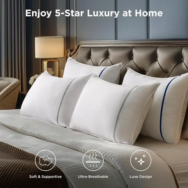 Alt view image 2 of 7 - Queen Pillows Set of 2 Luxury Hotel Firm Pillows for Sleeping Decoration Strip Diamond Design Cover Fluffy Original Down Alternative Filling for Side Back or Stomach Sleepers