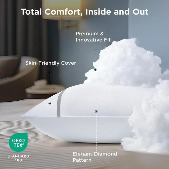 Alt view image 3 of 7 - Queen Pillows Set of 2 Luxury Hotel Firm Pillows for Sleeping Decoration Strip Diamond Design Cover Fluffy Original Down Alternative Filling for Side Back or Stomach Sleepers