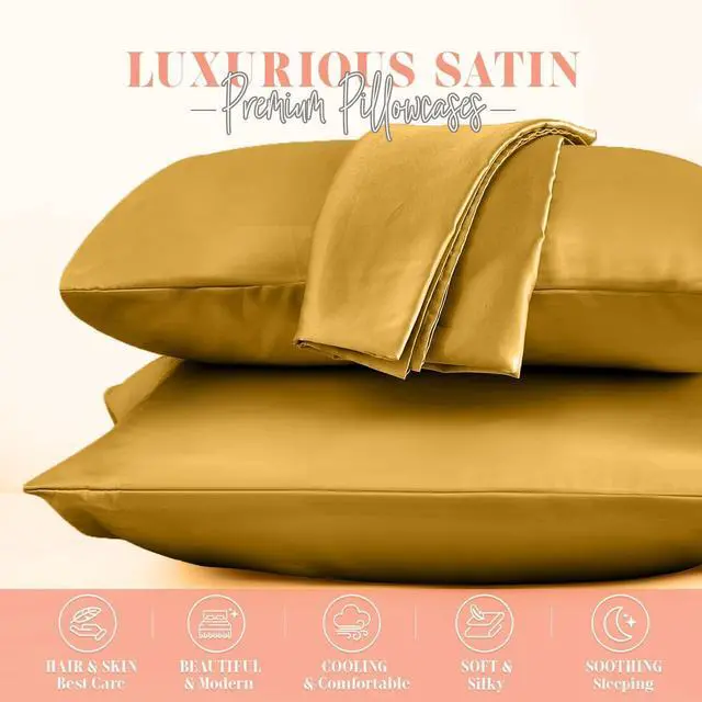 Alt view image 2 of 7 - Silky and Luxurious 2-Piece Satin Pillowcase Set for Healthier Skin and Hair Hidden Zipper Closure and Beautifully Packaged Satin Pillowcase Set King Gold