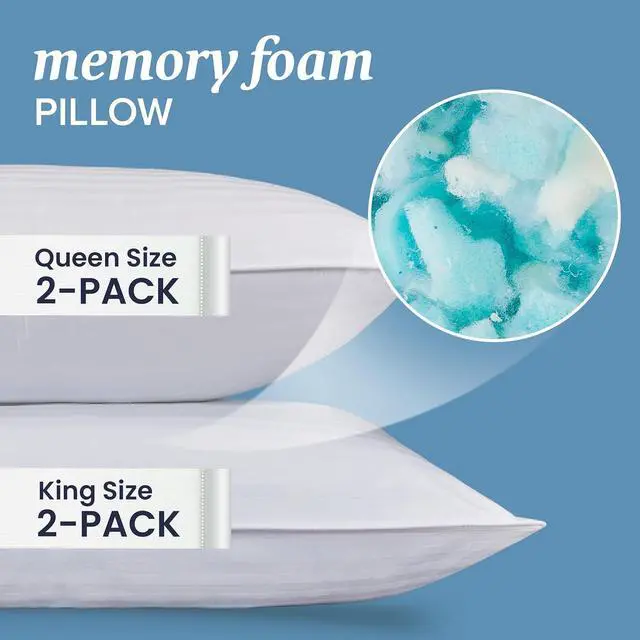 Alt view image 3 of 7 - Queen/Standard Size Memory Foam (Adjustable Fill) Bed Pillows Set of 2 - Cooling Shredded Foam Pillow for Back Stomach or Side Sleepers