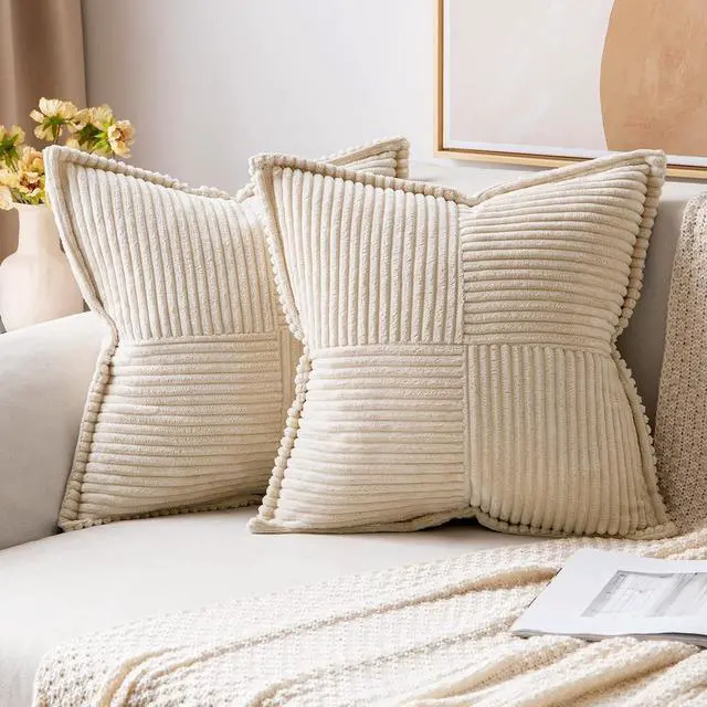Main image of Decorative Throw Pillow Covers for Couch Bed Livingroom 20x20 Inch Set of 2 Beige Boho Accent Throw Pllows Broadside Striped Patchwork Soft Corduroy Pillowcases