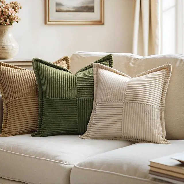 Alt view image 2 of 7 - Decorative Throw Pillow Covers for Couch Bed Livingroom 20x20 Inch Set of 2 Beige Boho Accent Throw Pllows Broadside Striped Patchwork Soft Corduroy Pillowcases