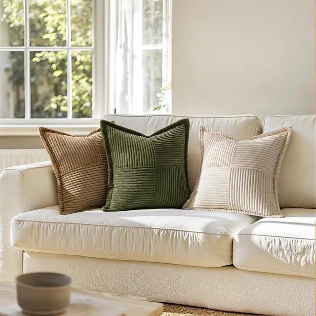 Alt view image 3 of 7 - Decorative Throw Pillow Covers for Couch Bed Livingroom 20x20 Inch Set of 2 Beige Boho Accent Throw Pllows Broadside Striped Patchwork Soft Corduroy Pillowcases