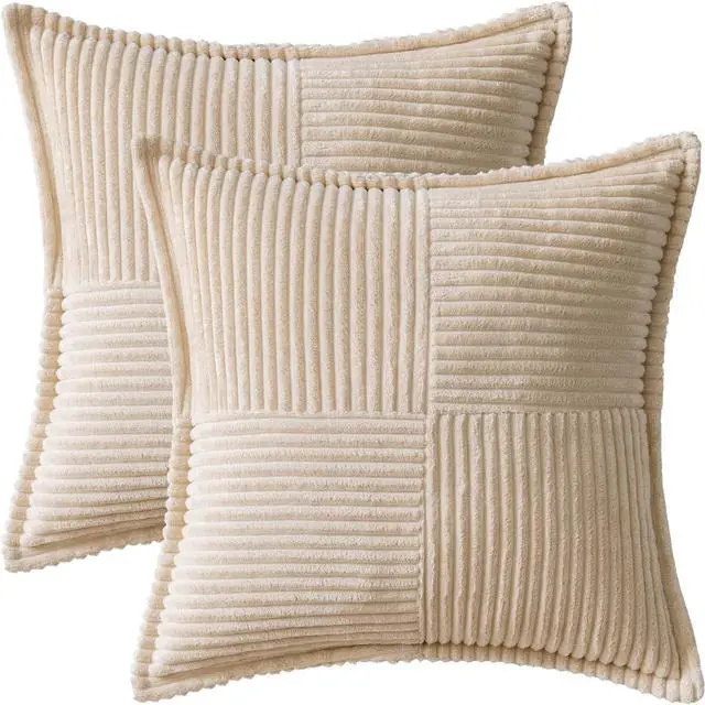 Alt view image 6 of 7 - Decorative Throw Pillow Covers for Couch Bed Livingroom 20x20 Inch Set of 2 Beige Boho Accent Throw Pllows Broadside Striped Patchwork Soft Corduroy Pillowcases