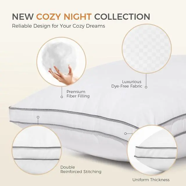 Alt view image 4 of 7 - Bed Pillows Queen Size Set of 2 Fluffy Luxury Hotel Pillows Collection Gusseted for Neck and Shoulder Side Back Stomach Sleeper Pillow Cozy Night 18X28
