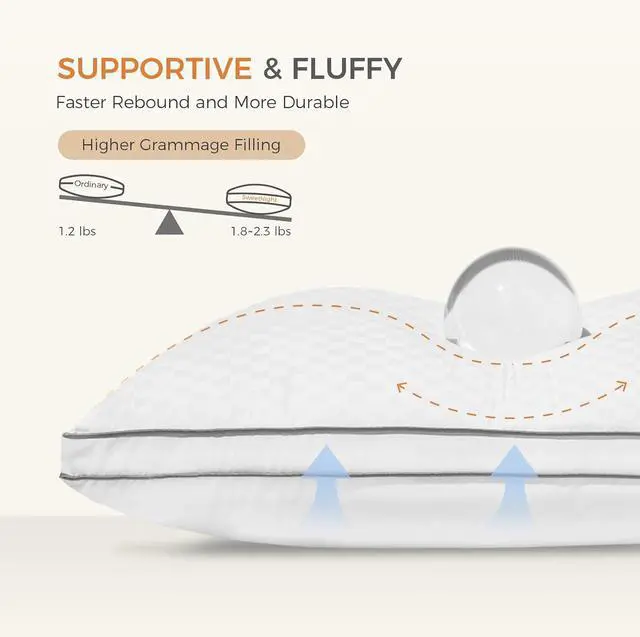 Alt view image 6 of 7 - Bed Pillows Queen Size Set of 2 Fluffy Luxury Hotel Pillows Collection Gusseted for Neck and Shoulder Side Back Stomach Sleeper Pillow Cozy Night 18X28