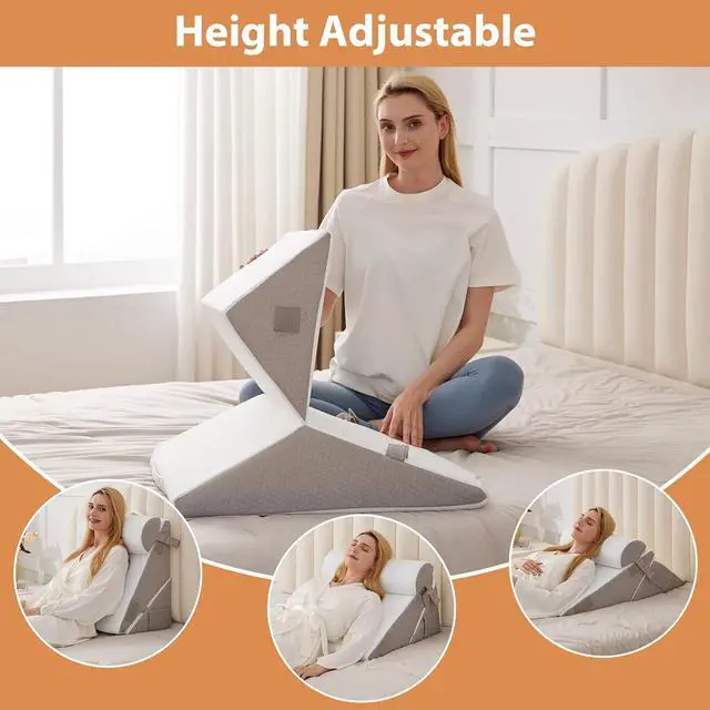 Alt view image 6 of 7 - 3PCS Wedge Pillow Set for After Surgery Wedge Pillow for Acid Reflux Relief Bed Wedge Pillow With Adjustable 9&12inch for Headboard Sleeping Orthopedic Memory Foam for Neck&Back Support White/Grey