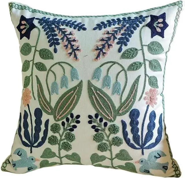 Alt view image 4 of 7 - Pillow Covers Set of 2 Embroidered Branch Pattern Throw Pillow Cover Square Cotton Cushion Pillow Case for Sofa Bedroom Couch 18x18