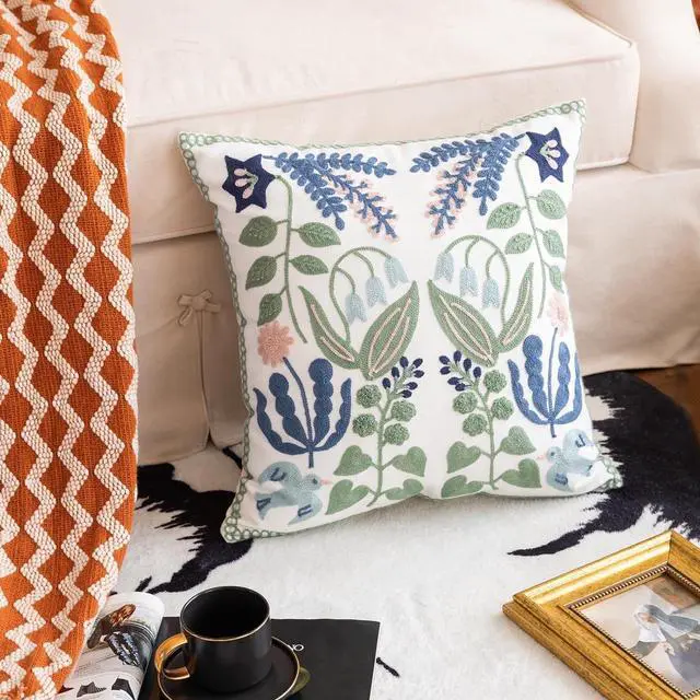 Alt view image 3 of 7 - Pillow Covers Set of 2 Embroidered Branch Pattern Throw Pillow Cover Square Cotton Cushion Pillow Case for Sofa Bedroom Couch 18x18