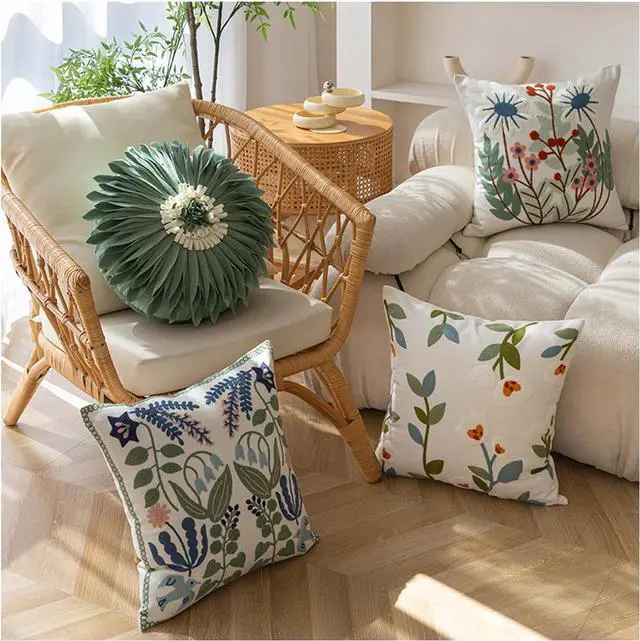 Alt view image 5 of 7 - Pillow Covers Set of 2 Embroidered Branch Pattern Throw Pillow Cover Square Cotton Cushion Pillow Case for Sofa Bedroom Couch 18x18